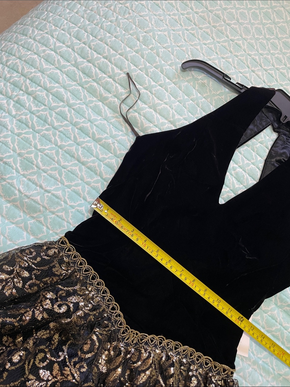 black velvet and gold lace drop waist halter dress - Picture 6 of 9